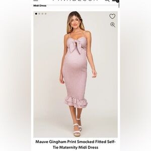 Pink blush Mauve Gingham Print Smocked Fitted Self-Tie Maternity Midi Dress